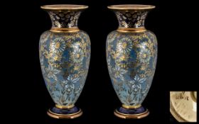 A Pair of Doulton Lambeth Late Victorian Chine Ware Vases decorated with floral decoration on a blue