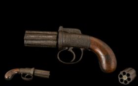 Antique 6 Shot Self Cocking Bar Hammer Percussion Pepperbox Revolver, 70mm Barrel With Proof Marks,