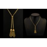 Ladies Attractive and Well Designed 9ct Gold Bespoke Chain - with twin tassel and ball drops fully