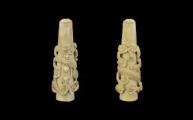 Chinese 19th Century - Superb Quality Carved Ivory Whistle. Encrusted with images of mythical
