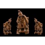 Chinese 20th Century Carved Boxwood Figure of a Wise Man Seated. 6.25 Inches - 15.70 cm High.