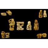 Japanese Late 19thC Good Collection of Ivory/Bone Carved Miniature Netsukes- various subjects.