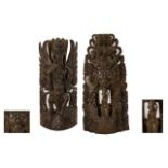 A Pair of 19thC Indian Carved Hard Wood Wall Plaques depicting deities and temple.