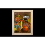 Oil Painting by Hadrian Richards 'Still Life With Violin' dated 2017. Framed in contemporary cream