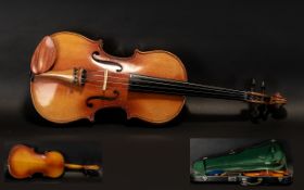 Modern 3/4 Size Violin with bow and case. Black case with lock, lined in dark green.