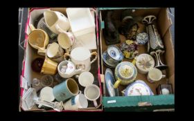 Two boxes of Pottery & Collectibles to include Wedgwood, painted eggs, wine glasses, Wade ephemeral,