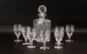 Drinkers Interest - Cut Glass Decanter & Glasses. Square decorative decanter with ornate stopper,