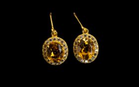 Citrine and White Zircon Halo Drop Earrings,