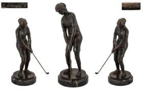 Modern Bronze Golfing Figure Depicting A Figure With Club In Play, Raised On A Circular Marble Base,