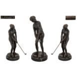 Modern Bronze Golfing Figure Depicting A Figure With Club In Play, Raised On A Circular Marble Base,