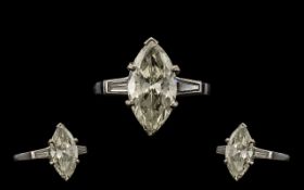 Art Deco Period Attractive Platinum Set Single Stone Diamond Ring - the marquise cut diamond of