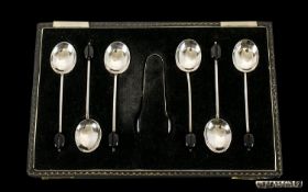 Boxed Set of Six Silver Coffee Spoons with Matching Sugar Tongs. Hallmark Birmingham 1956. All