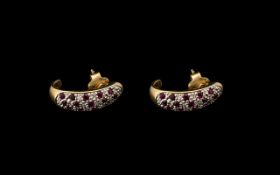 Ladies Pair of Attractive Half Hoop 9ct Gold Ruby and Diamond Set Earrings marked 9.375.