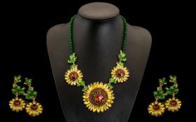 Honey, Golden and Green Crystal 'Sunflower' Statement Necklace and Drop Earrings, the necklace