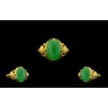 14ct Gold - Attractive Single Stone Jade Set Dress Ring - Good Design / Setting.