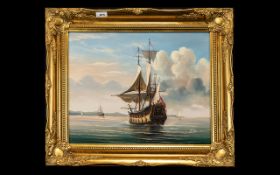 Modern Framed Oil on Canvas Seascape depicting a galleon at sea.