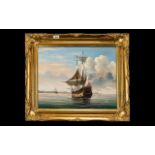 Modern Framed Oil on Canvas Seascape depicting a galleon at sea.