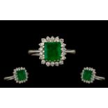 18ct White Gold Nice Quality and Attractive Emerald and Diamond Cluster Ring - flower head setting.