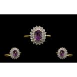 18ct Gold - Attractive Amethyst and Diamond Cluster Ring - Flower head Design. Full Hallmark for