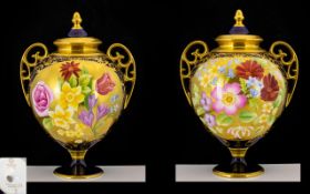 Caverswall Fine Handpainted Pair if Ltd and Numbered Edition Twin Handled Lidded Vases - Painted by