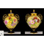 Caverswall Fine Handpainted Pair if Ltd and Numbered Edition Twin Handled Lidded Vases - Painted by