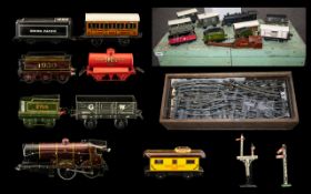 Early 20th O Gauge Tin Plate Clockwork Train Set complete in a wooden hinged chest with lift out