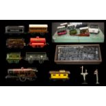 Early 20th O Gauge Tin Plate Clockwork Train Set complete in a wooden hinged chest with lift out