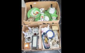 Two Boxes of Miscellaneous Pottery including a Czec dinner service, two German bisque figures,