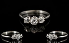 Antique Period Platinum Set 3 Stone Diamond Ring - Marked Platinum.