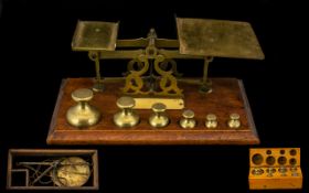 Early 20thC Oak Postage Scales Brass Scales And Bell Shaped Weights, Unmarked Ivory Plaque.