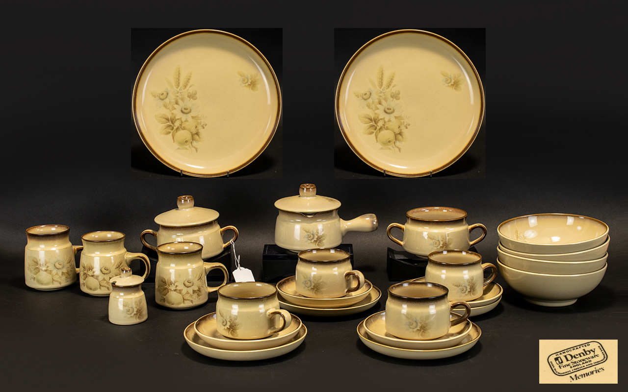 A Denby Memories Part Dinner Set comprising of 3 dinner plates, 4 tea cups, 4 saucers , 4 bowls,
