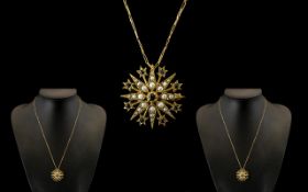 Ladies Attractive and Nice Quality 9ct Gold Sapphire and Pearl Set Starburst Pendant with attached