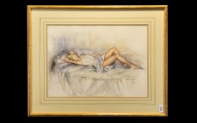 Francis Boxall Watercolour of a semi-clad reclining lady. Framed and mounted behind glass.