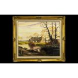Large Oil Painting in Ornate Gilt Frame depicting a cottage on a river with trees in the background.