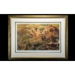 British Wildlife Artist Alan Hunt signed Print of Lions 'African Gold'.