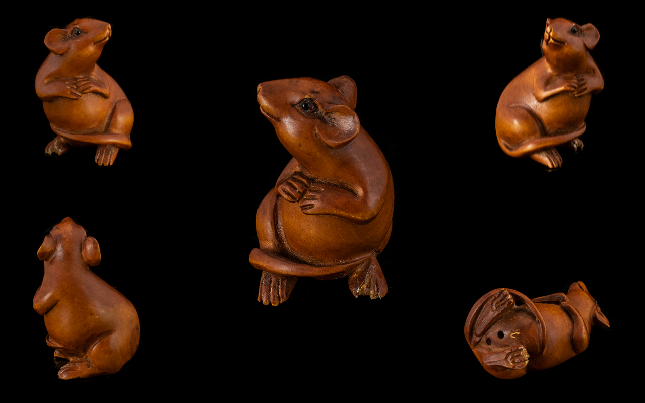 Japanese Netsuke In The Form Of A Standing Rat. Slight Damage To Foot. Height 2 Inches.