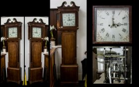 19thC Oak Cased 30 Hour Long Case Clock painted dial with Roman Numerals and broken pediment.