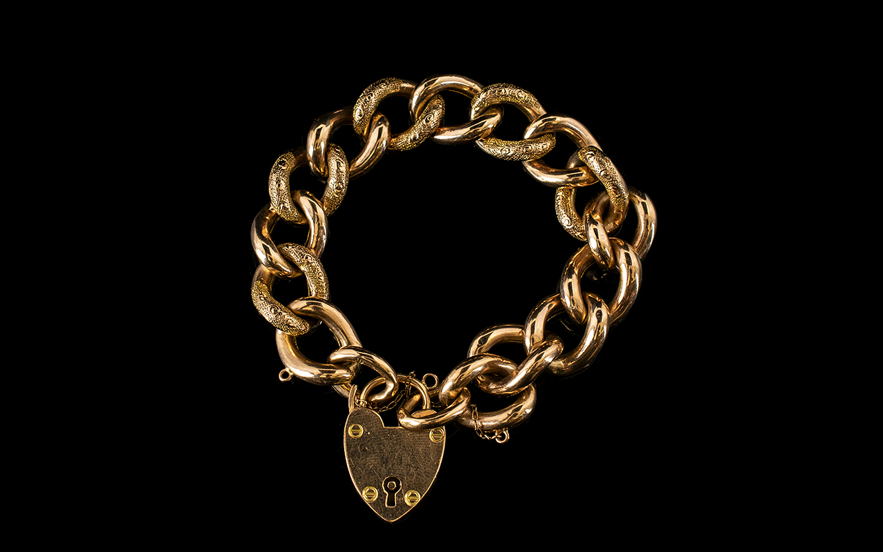 Antique Period Nice Quality 9ct Gold Ornate Curb Bracelet with Attached Large Heart Shaped Padlock