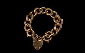 Antique Period Nice Quality 9ct Gold Ornate Curb Bracelet with Attached Large Heart Shaped Padlock