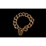 Antique Period Nice Quality 9ct Gold Ornate Curb Bracelet with Attached Large Heart Shaped Padlock