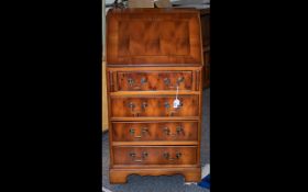 20th Century Yew Wood Bureau with full front fitted interior with green leatherette inset,