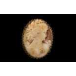 Antique Period Fine Quality Large 9ct Gold Mounted Oval Shaped Shell Cameo Brooch - both cameo and