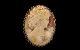 Antique Period Fine Quality Large 9ct Gold Mounted Oval Shaped Shell Cameo Brooch - both cameo and