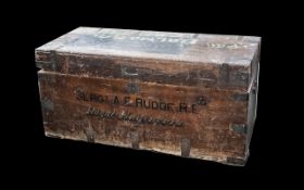 Oak Military Chest with Painted Name on Side and metal banding. Name on chest is Sergeant Rudge.