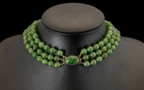 Chinese - 3 Strand Beaded Jade Necklace, The Clasp In Silver and Jade. c.1920's.