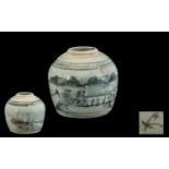Antique Chinese Ginger Jar. Chinese marks to base, 7.5'' high. Glazed with decoration, pale grey and
