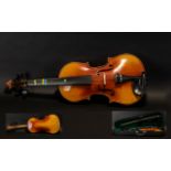 Modern Full Size Violin with bow and case with carrying strap, lined in green velvet.