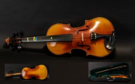 Modern Full Size Violin with bow and case with carrying strap, lined in green velvet.