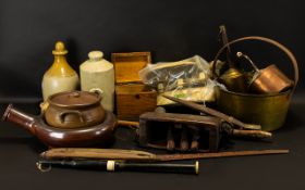 Large Crate Containing A Quantity Of Items To Include A Brass Jam Pan, Wooden Cow Bell, Scales,