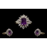 Ladies 9ct Gold Attractive Amethyst and Diamond Set Cluster Ring Flower Head Design - the central